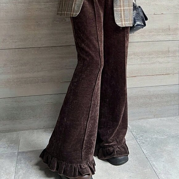 Coffee Brown Women's Elastic Waist Velvetish ruffled Hem Long Pants - Picture 1 of 7
